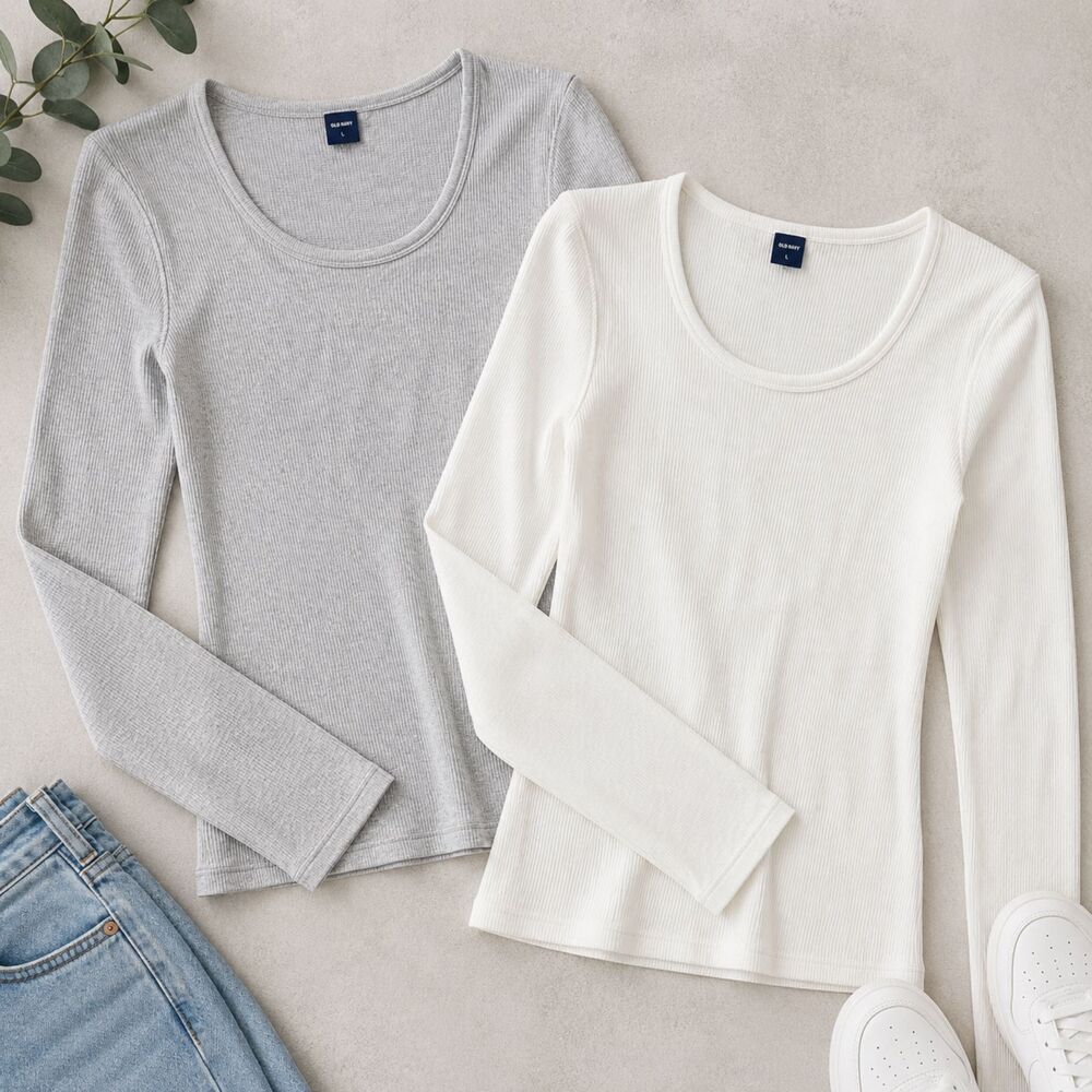 Old Navy Ribbed Long Sleeve Tops L Gray Ivory Stretch Layering Tees 2 Piece Lot
